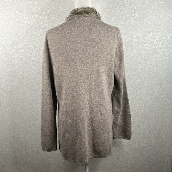 Vertical Design Brown Knit Rabbit Hair Blend Trim Open Winter Cardigan Size XL - Picture 4 of 5